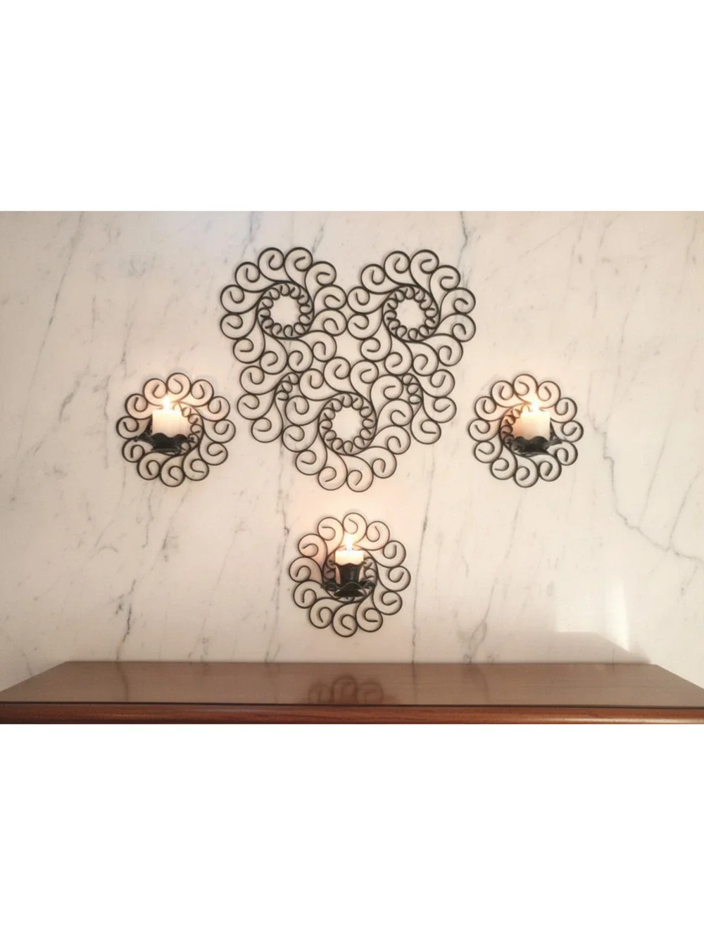 Vintage 4 Pc Set Handmade Decorative Wrought Iron Scroll Work Heart & 3 Sconces